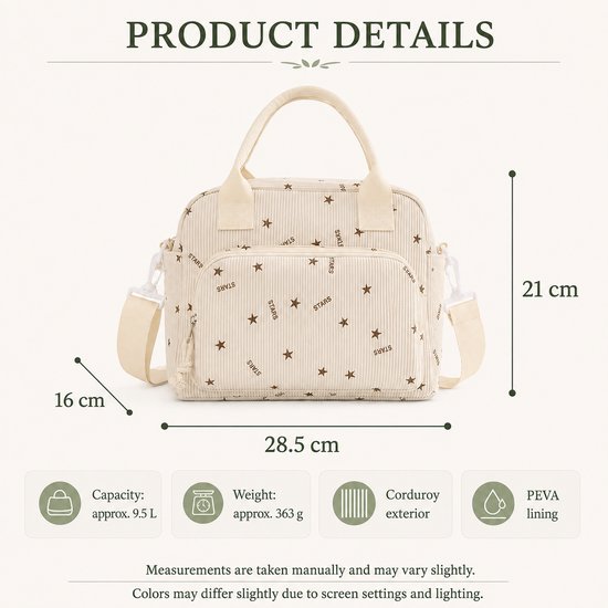 Rainbecom Koeltas Dames 9,5L - Geïsoleerde Lunchtas en Lunch Bag van Corduroy - Thermotas met Schouderband en Opbergvakken - Koeltassen Voor Werk, School en Picknick - Beige Sterren van Rainbecom — afbeelding 2