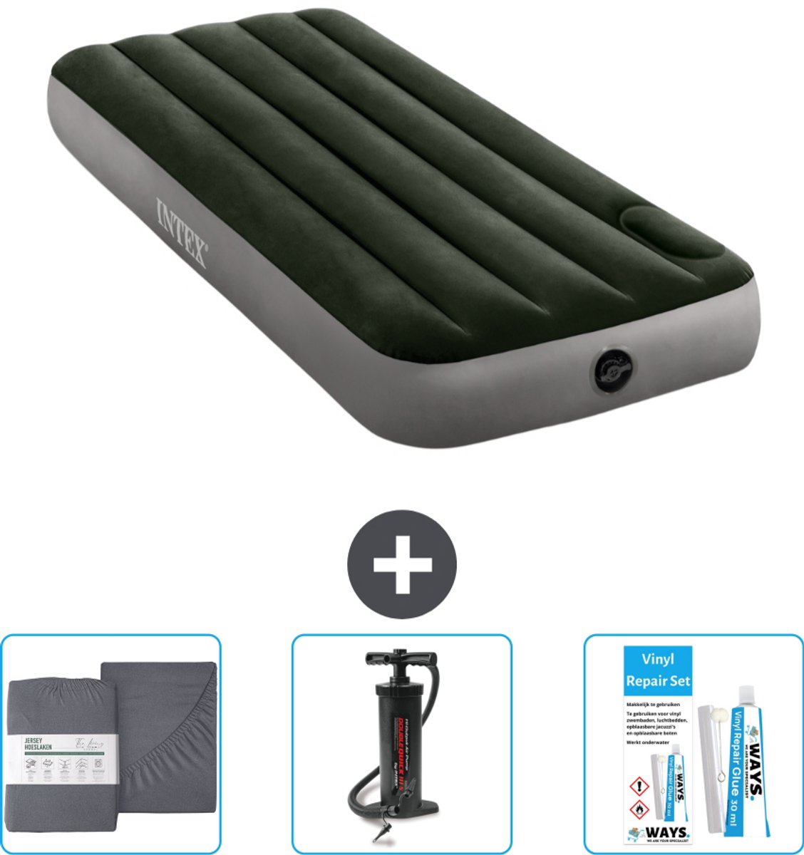Intex Luchtbed - 1-Persoons - 76 x 191 x 25 cm - Groen - Hoeslaken - Pomp en Reparatieset