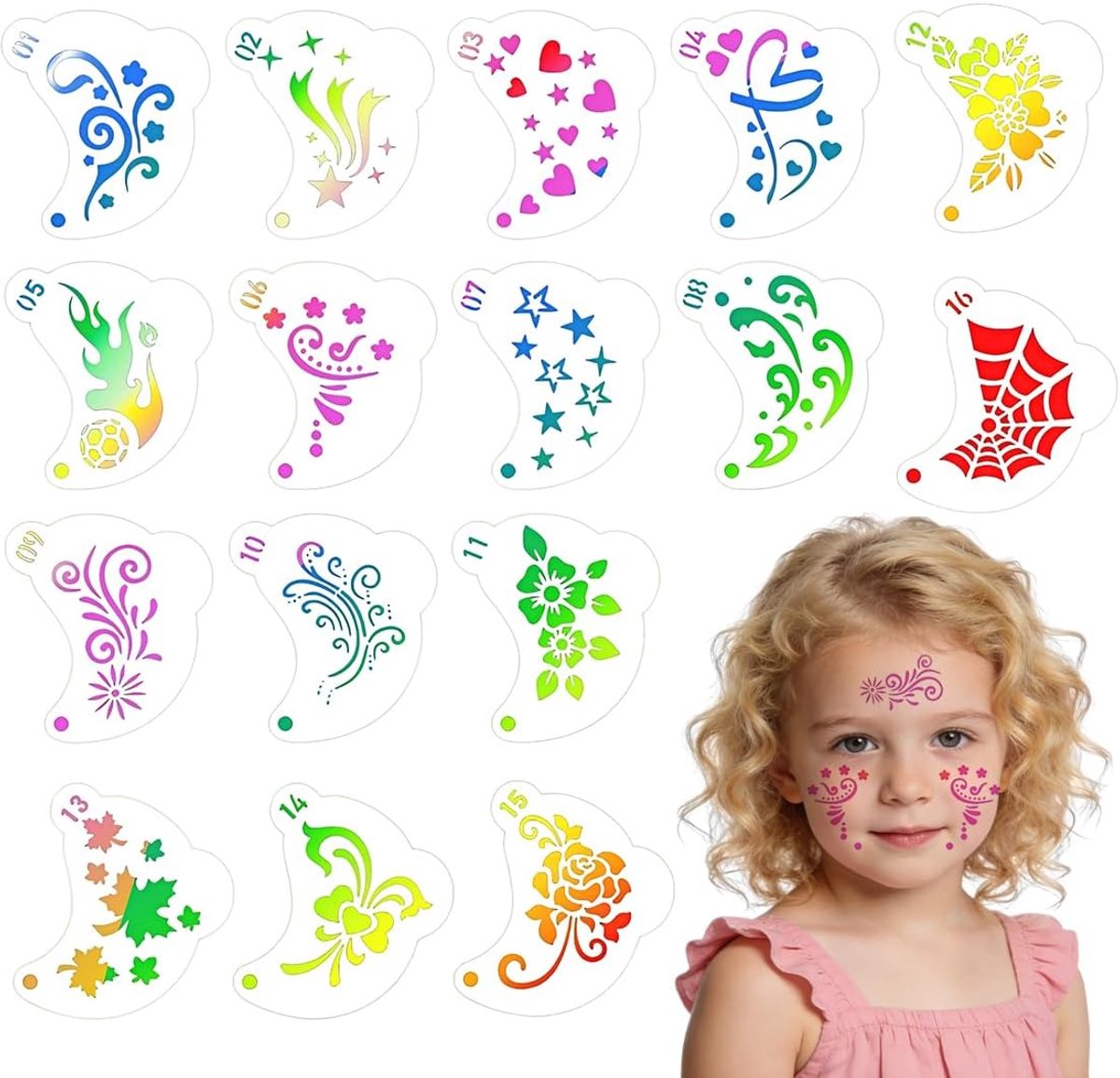16 delige herbruikbare schminkstencils voor kinderen make-up op feestjes en feestdagen - ShopVlot