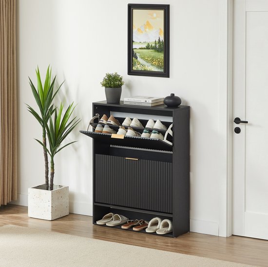 Schoenenkast Met Groef Front En Anti Kantel Beveiliging Voor Hal En Gang Zwart Spanplaat En Metaal 80 X 24 X 102 Cm — afbeelding 4