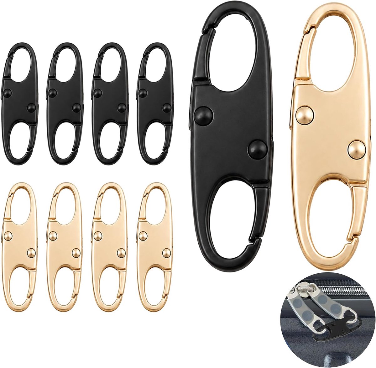 Ritssluitingclips, 10 mini S-karabijnhaken met veer, zwart/goud - ShopVlot