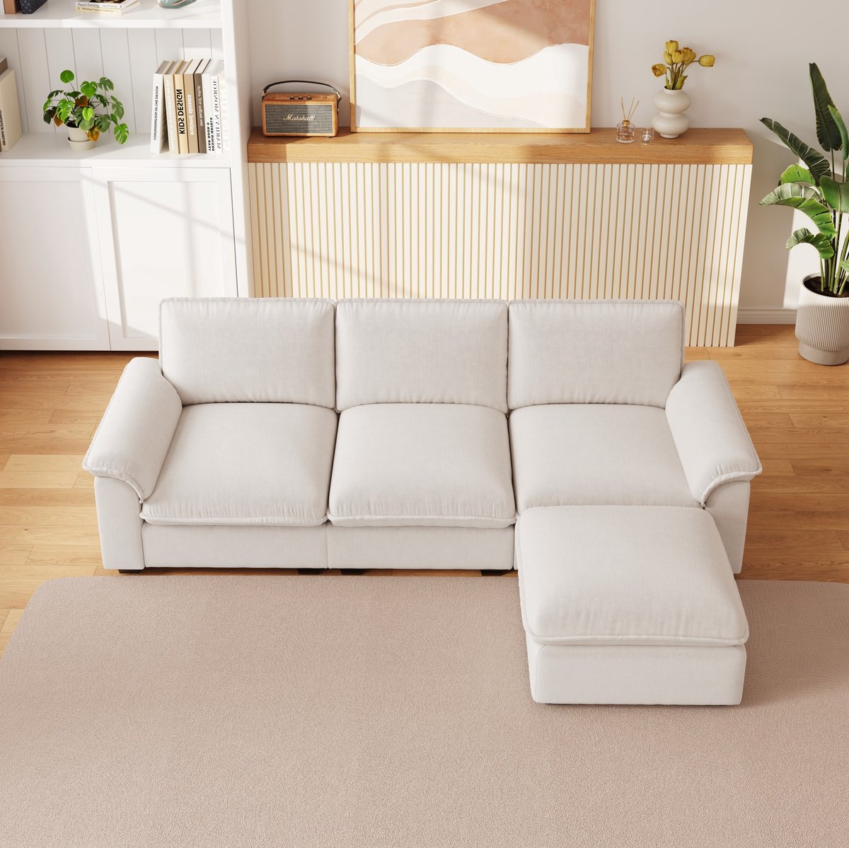 HAUSS SPOLE Hoekbank - Cloud Bank Met Verplaatsbare Ottomane - Zachte Chenille En Extra Kussens - Voor Woonkamer - Beige