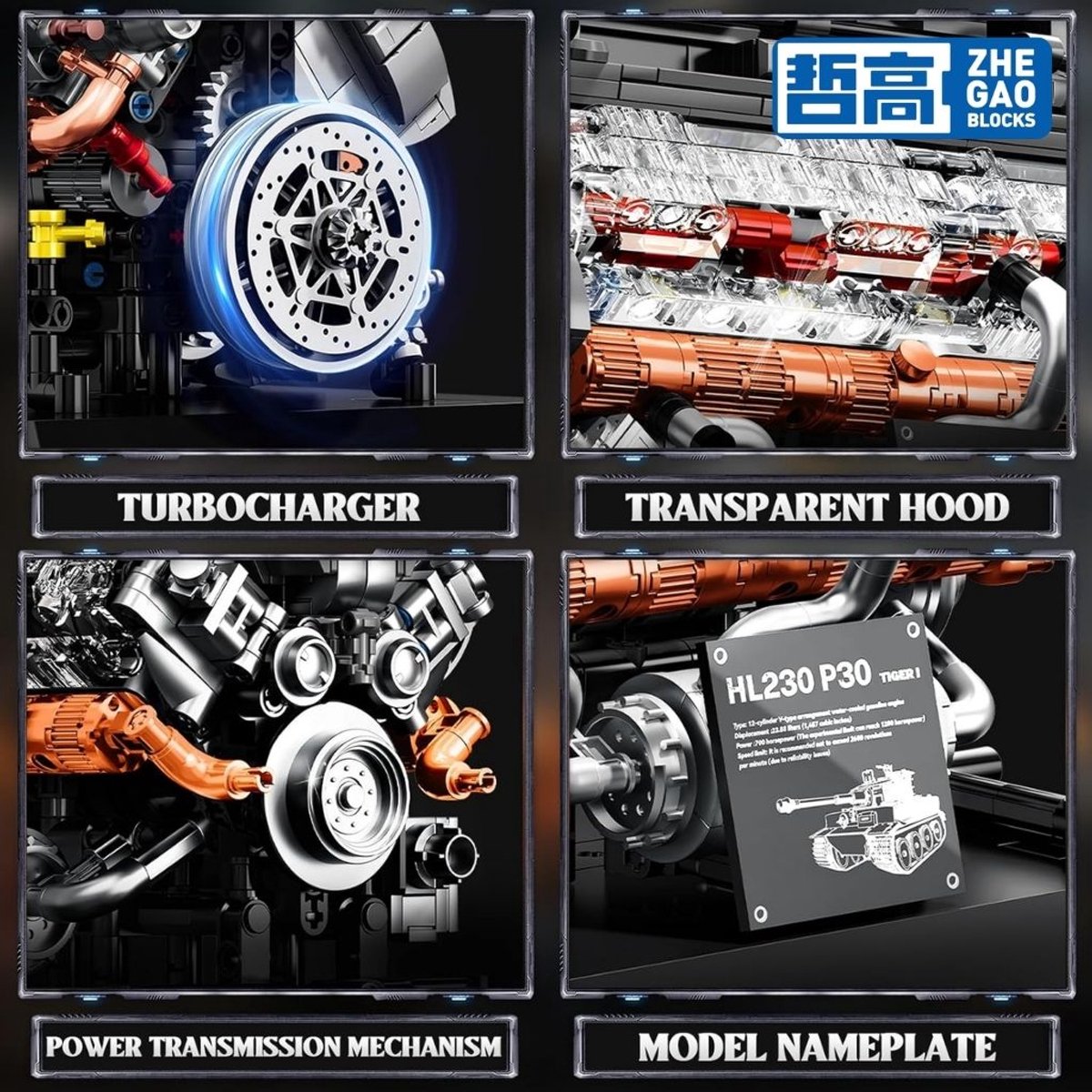 Zhe Gao 95008 Tiger tank speed engine bouwset | World of wars champions icons modelbouw | Leger speelgoed ideas voor expert volwassenen & kinderen | Engine star bouwpakket | Motor niet geschikt voor Lego technic | Bouwdoos met 1236 bouwstenen — afbeelding 3
