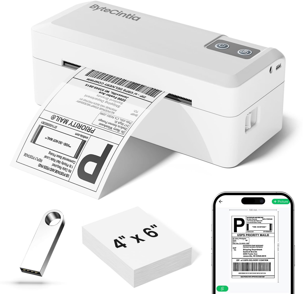 ByteCintia Verzendlabel Printer Bluetooth, 4x6 Thermisch, Wit - ShopVlot