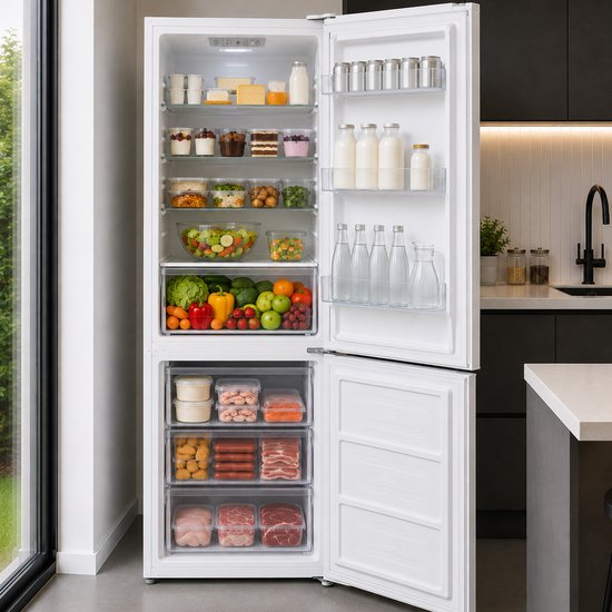 Wit Heinner koel-vriescombinatie open met etenswaren zoals groenten, fruit, vlees en zuivel.