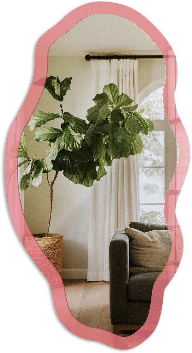 Tulup Zalmkleur Spiegel - Roze Moderne Rechthoekige Wandspiegel - Organische Spiegel - Slaapkamer, Woonkamer, Kantoor - Minimalistisch - 45x90 cm - Totale afmeting 52x97 cm