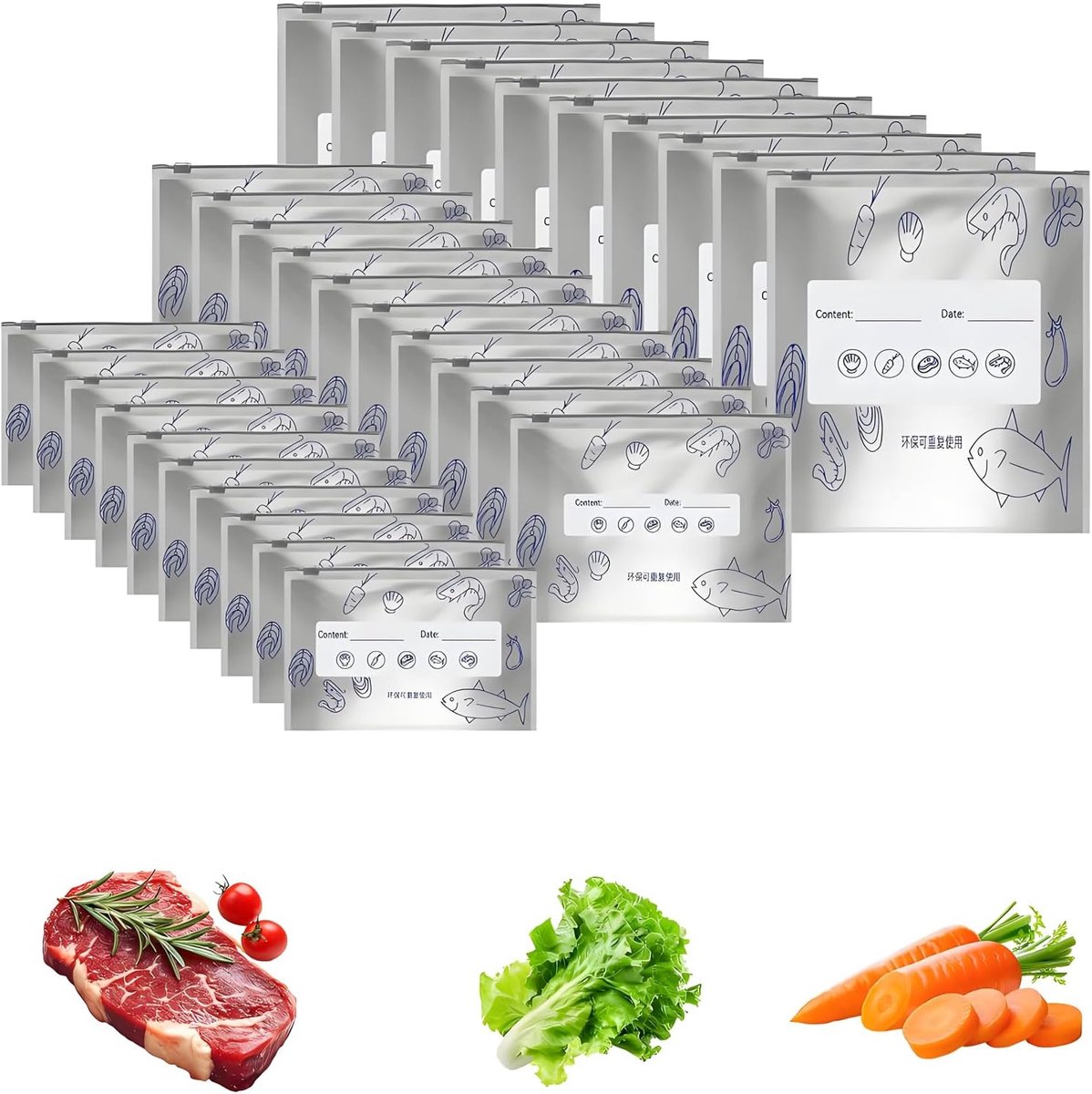 30 stuks vrieszakken met ritssluiting, herbruikbaar, aluminiumfolie, koeltas, met etikettenruimte, zeevruchtenpatroon - ShopVlot