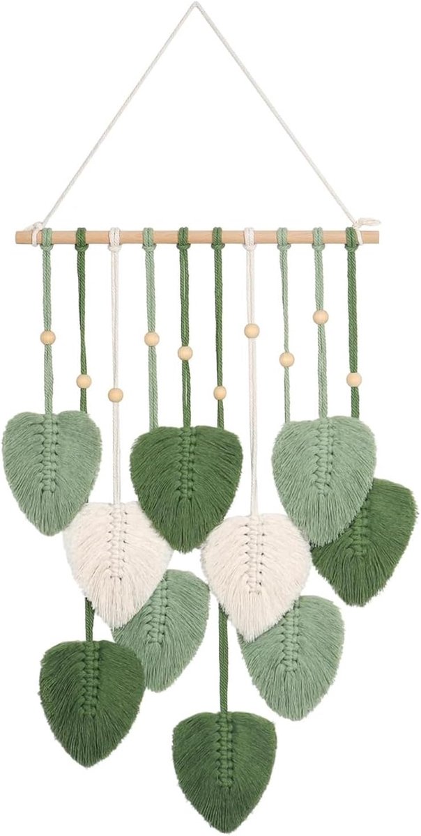 Macrame Tapestry Boho Style Wooden Beads Leaves Cotton Leaves Green White Tapestry Wall Hanging Boho Handmade Outdoor - ShopVlot