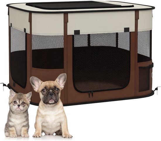 Bruine dierenbox met beige bovenkant, gaasramen, met een kitten en een Franse bulldog ernaast.