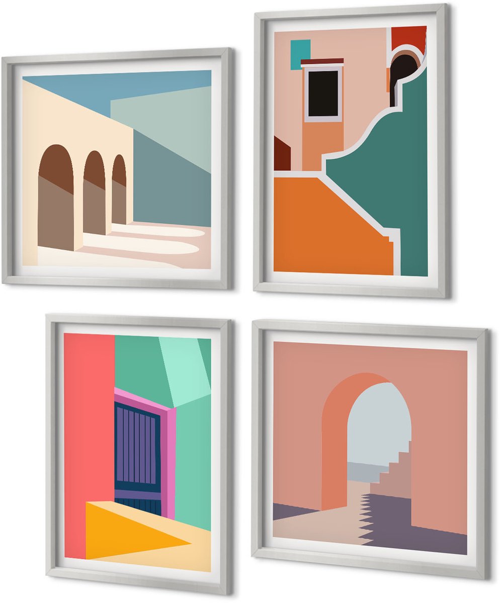 Coloray 4-Delige Schilderij Set - Kleurrijke stadsgezichten in een moderne stijl. - 40 x 40 cm en 40 x 60 cm - Decoratieve Muurdecoratie - Slaapkamer - Moderne Wanddecoratie