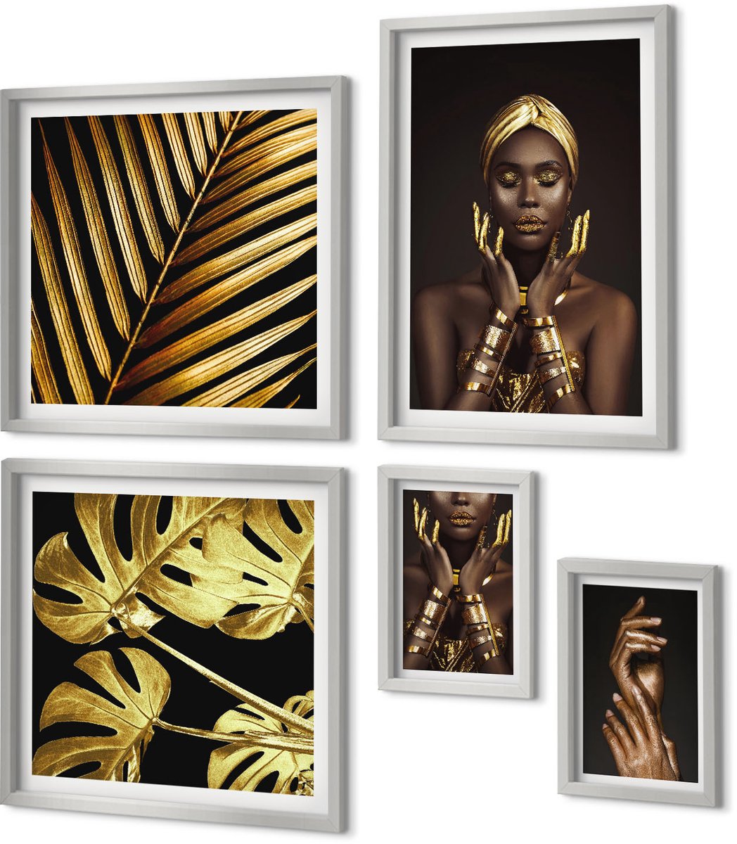 Coloray 5-Delige Schilderij Set - Elegante Portretten Van Een Afrikaanse Vrouw - 20 x 30 cm - Wanddecoratie - Schilderijen Set - Kantoor - Woonkamer Decoratie