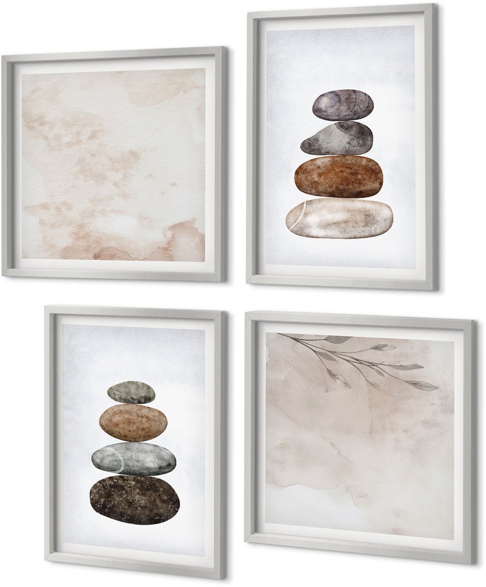 Coloray 4-Delige Schilderij Set - Minimalistisch boho-schilderij van steenstapels - 40 x 40 cm en 40 x 60 cm - Muurdecoratie - Decoratieve Schilderijen - Wohnzimmer - Woonkamer Decoratie