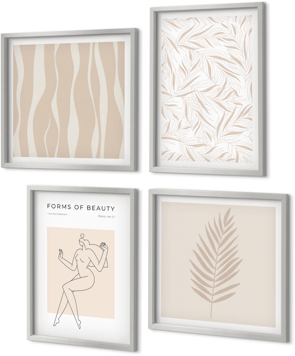 Coloray 4-Delige Schilderij Set - Minimalistische stijl met botanische motieven - 40 x 40 cm en 40 x 60 cm - Muurdecoratie - Wanddecoratie - Slaapkamer - Interieur Decoratie