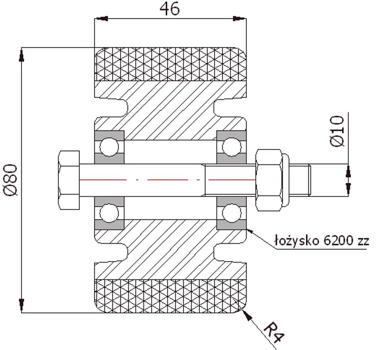 Aluminium-polyurethaan wiel 80x46mm, 200kg draagvermogen, kogellager