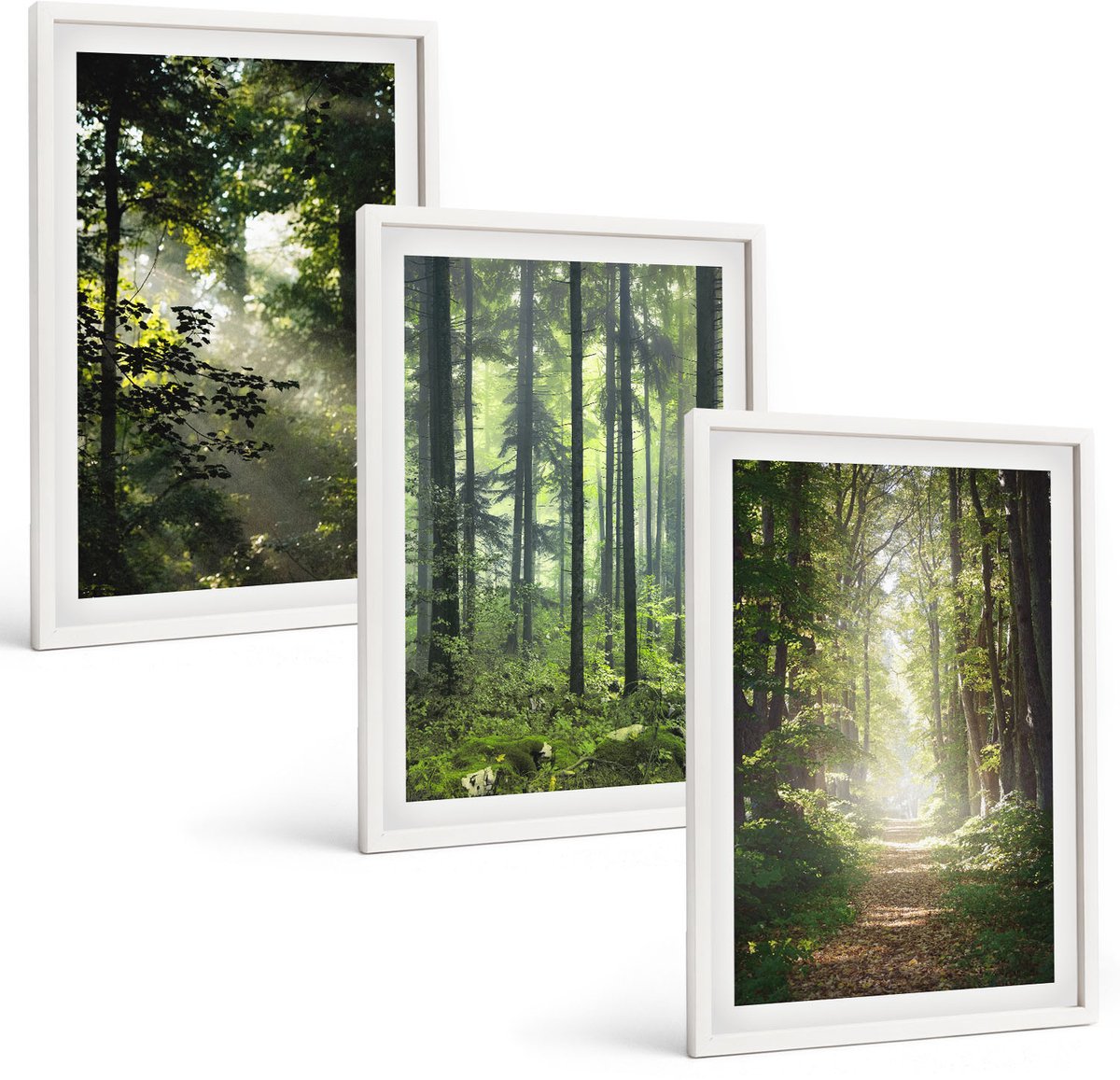 Tulup 3-Delige Schilderij Set - Groene bossen met zonnestralen en een bospad - 40x60 - Wanddecoratie - Muurdecoratie - Moderne Interieurdecoratie - Interieur Decoratie