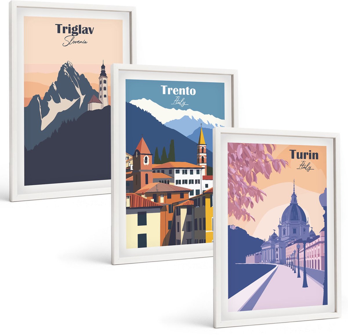 Tulup 3-Delige Schilderij Set - Bergen en architectuur, retro, kleurrijke illustraties - 40x60 - Wanddecoratie - Muurdecoratie - Moderne Interieurdecoratie - Decoratieve Schilderijen