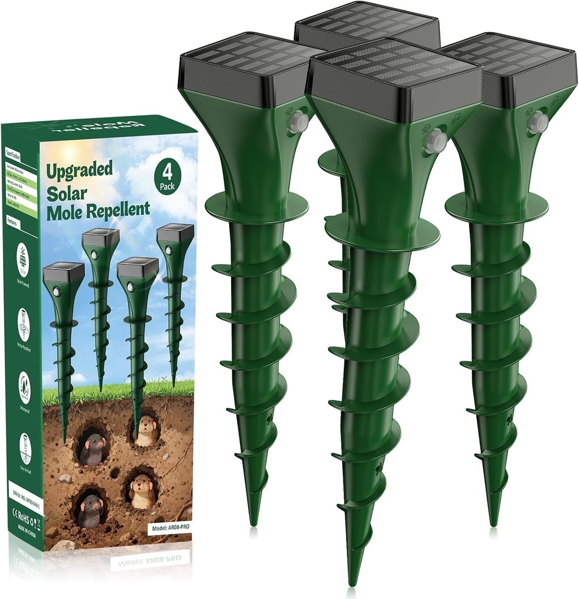 Mollenverjager trilling - Groen - 4 stuks - Zonne-energie Mollenverjager met IP65 Waterdichtheid - Voor Tuin en Buitenruimte