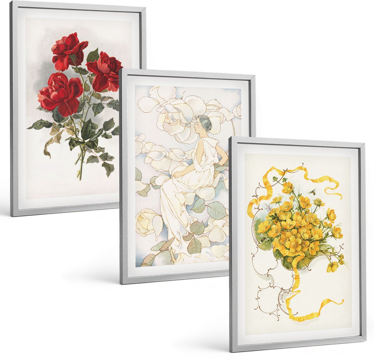 TULUP 4-Delige Schilderij Set - Rode rozen in een witte vaas met gele bloemen. - 40 x 60 cm - Stijlvolle Wanddecoratie - Interieur - Moderne Wanddecoratie Zilveren lijst