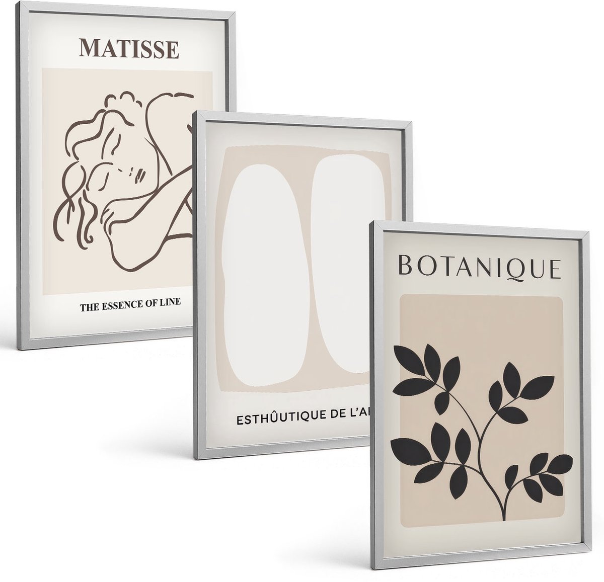 TULUP 4-Delige Schilderij Set - Stijlvolle minimalistische schilderijen met plantmotieven van Matisse - 40 x 60 cm - Schilderijen Set - Wanddecoratie - Woonkamer - Woonkamer Decoratie Zilveren lijst
