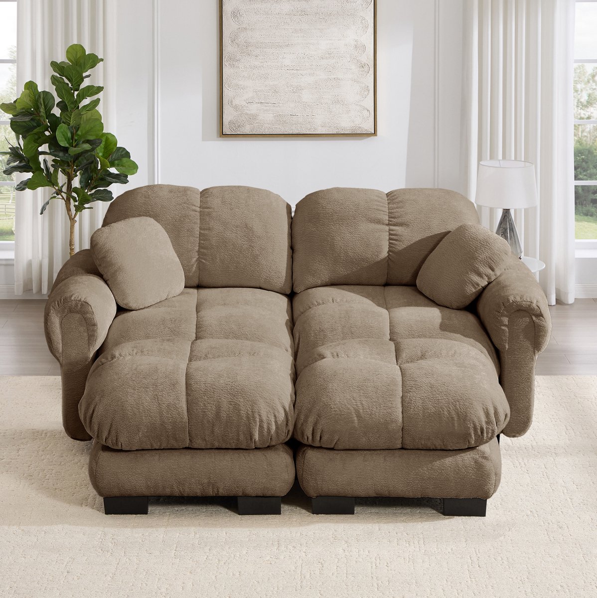 MODENUIT U-bank - 2-Zits Modulaire Chenille Bank Met Mobiele Ottomane - Woonkamer - Chenille - Bruin