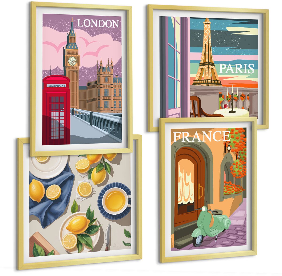 TULUP 4-Delige Schilderij Set - Stadsgezichten Parijs Londen en Frankrijk Citroenen - 40 x 40 cm en 40 x 60 cm - Muurdecoratie - Wanddecoratie - Hal - Decoratieve Schilderijen Gouden lijst