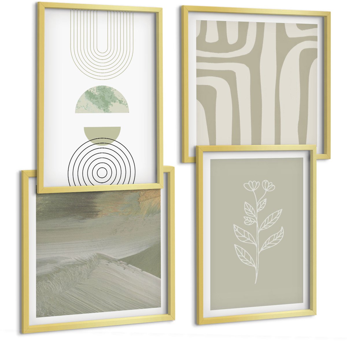 TULUP 4-Delige Schilderij Set - Geometrische patronen met plantenaccenten in groene tinten. - 40 x 40 cm en 40 x 60 cm - Wanddecoratie - Woonkamer Decoratie - Stijlvolle Muurdecoratie Gouden lijst