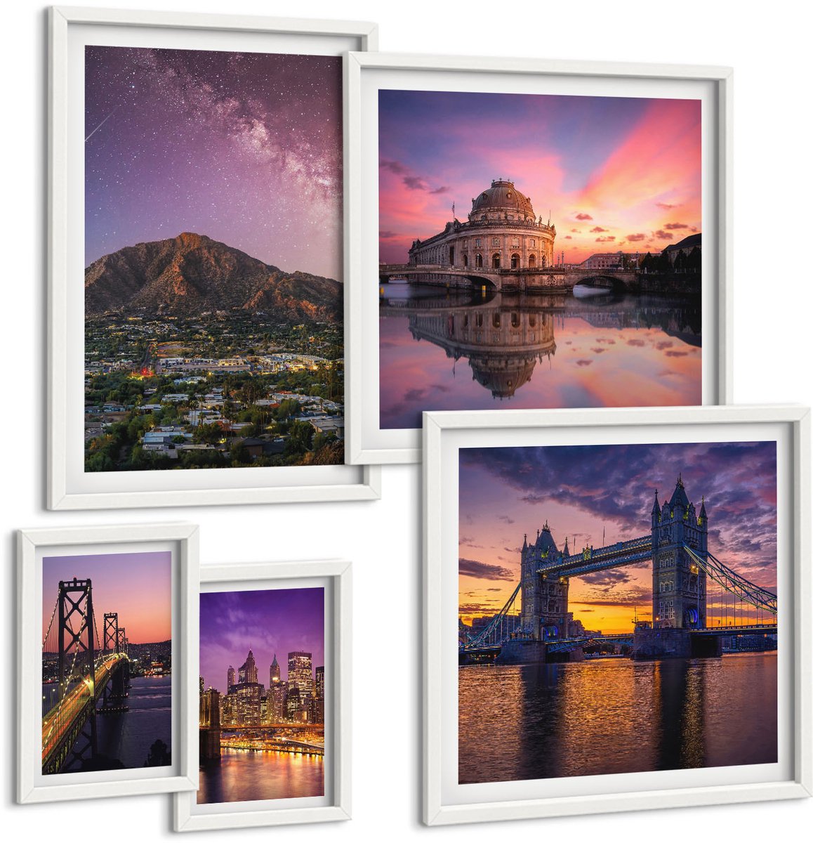 Tulup 4-Delige Schilderij Set - Stads- en berglandschappen 's nachts met prachtige uitzichten - 50 x 50 cm, 20 x 30 cm en 40 x 60 cm - Schilderijen Set - Wanddecoratie - Woonkamer - Woonkamer Decoratie