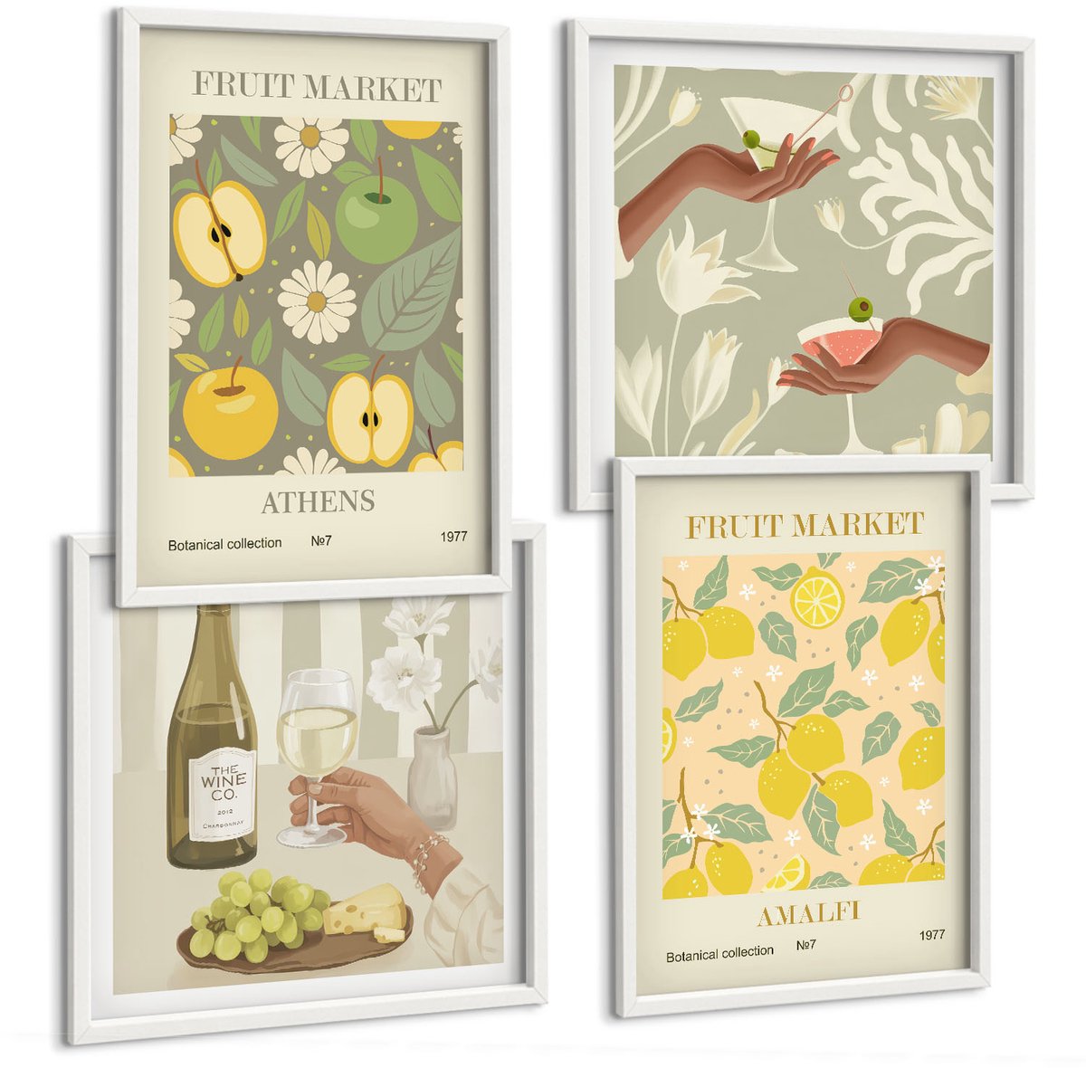 Tulup 4-Delige Schilderij Set - Posters met fruitpatronen en Italiaanse wijn - 40x40 en 40x60 - Wanddecoratie - Moderne Interieurdecoratie