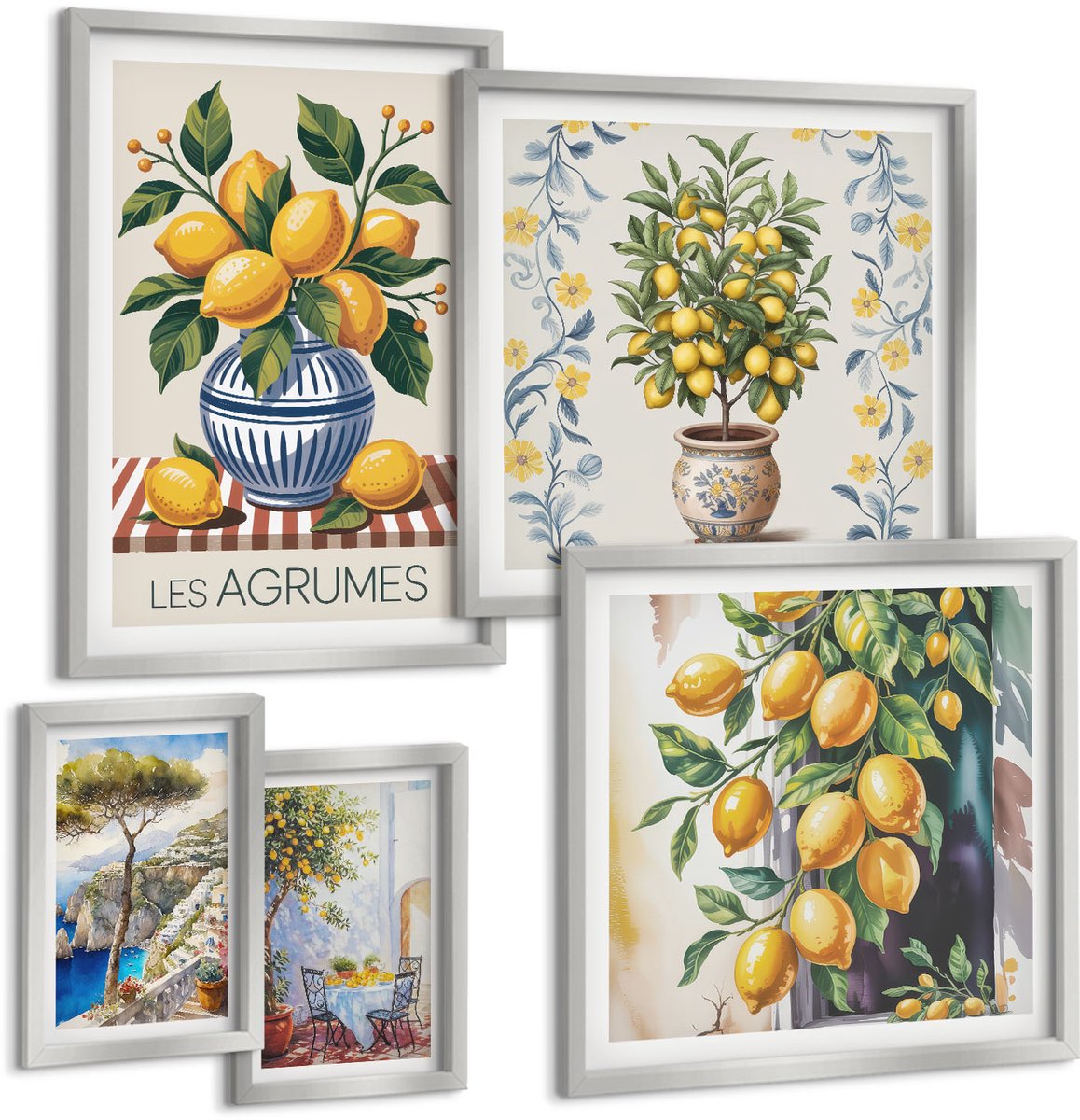 TULUP 4-Delige Schilderij Set - Citrusinspiratie in mediterrane stijl - 50 x 50 cm, 20 x 30 cm en 40 x 60 cm - Wanddecoratie - Woonkamer Decoratie - Interieur Decoratie Zilveren lijst