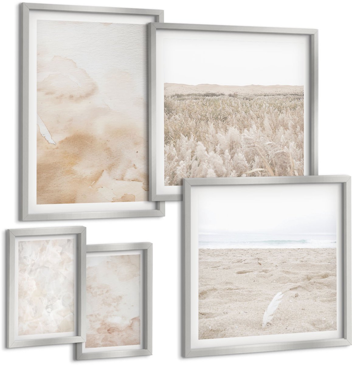 TULUP 4-Delige Schilderij Set - Modieuze texturen in pastelkleuren. - 50 x 50 cm, 20 x 30 cm en 40 x 60 cm - Wanddecoratie - Muurdecoratie - Woonkamer - Interieur Decoratie Zilveren lijst
