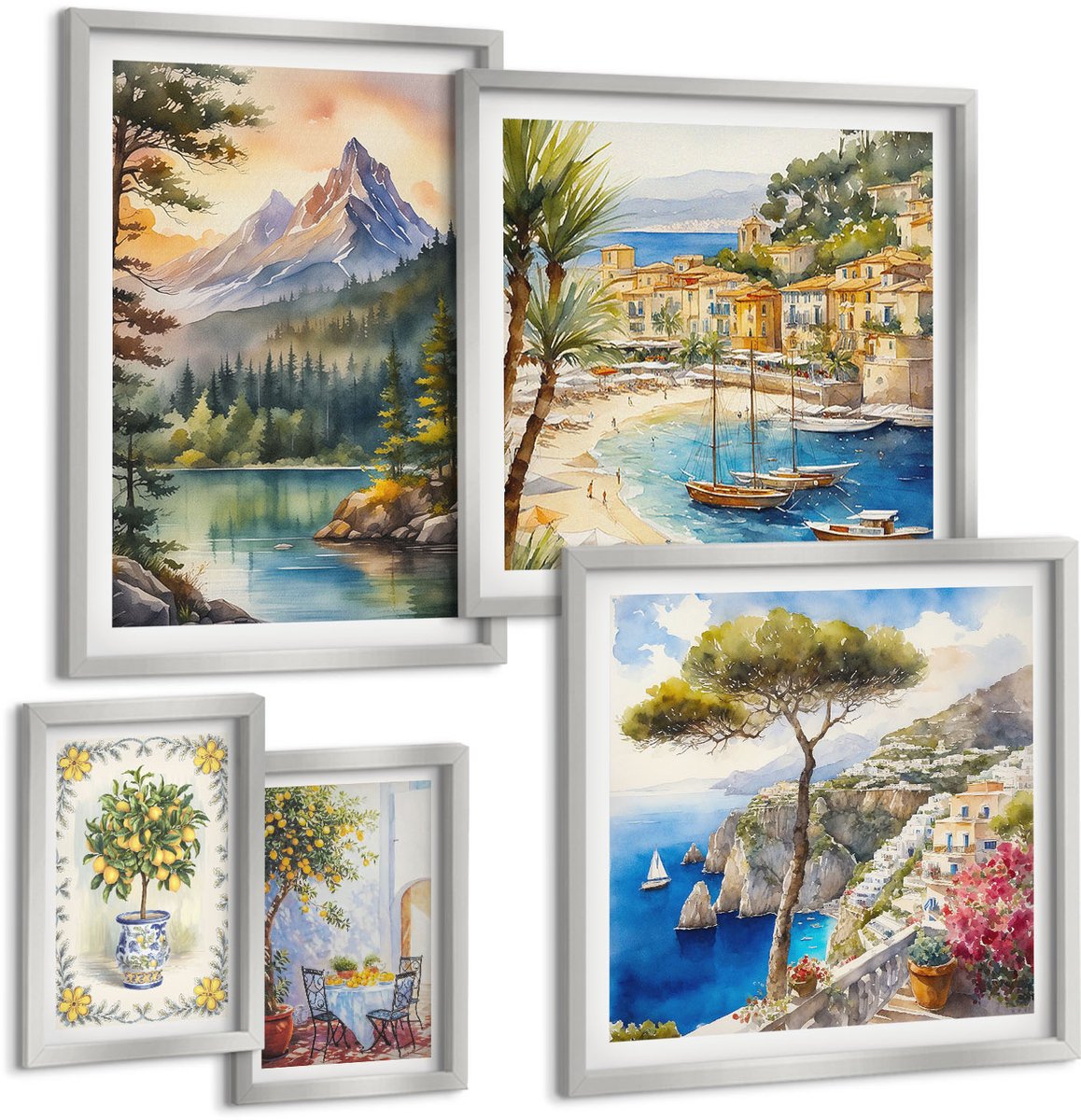 TULUP 4-Delige Schilderij Set - Berg- en kustlandschappen met charmante uitzichten - 50 x 50 cm, 20 x 30 cm en 40 x 60 cm - Muurdecoratie - Wanddecoratie - Hal - Interieur Decoratie Zilveren lijst