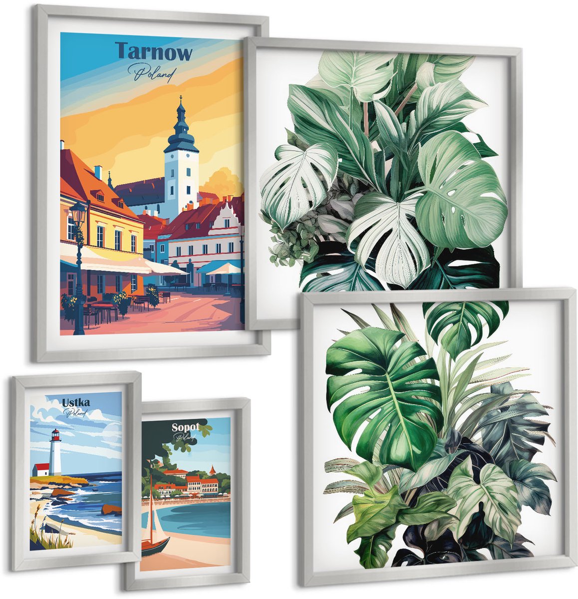 TULUP 4-Delige Schilderij Set - Poolse kuststeden met plantmotieven - 50 x 50 cm, 20 x 30 cm en 40 x 60 cm - Wanddecoratie - Woonkamer Decoratie - Interieur Decoratie Zilveren lijst