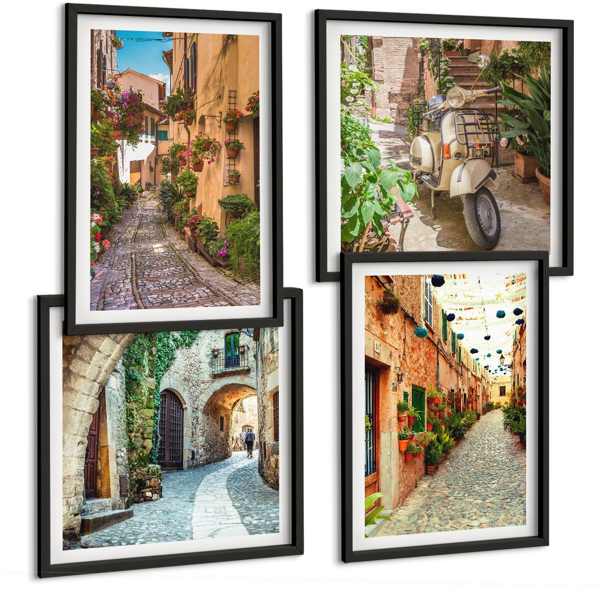 Tulup 4-Delige Schilderij Set - Sfeervolle straatjes met bloemen in een Italiaanse ambiance. - 40 x 40 cm en 40 x 60 cm - Muurdecoratie - Schilderijen Set - Woonkamer - Wanddecoratie
