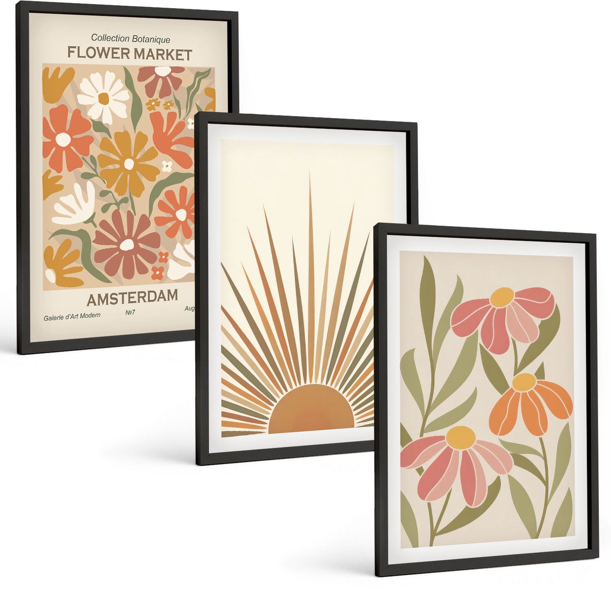 Tulup 4-Delige Schilderij Set - Bloemen in pastelkleuren met zonnestralen - 40 x 60 cm - Muurdecoratie - Decoratieve Schilderijen - Wohnzimmer - Interieur Decoratie
