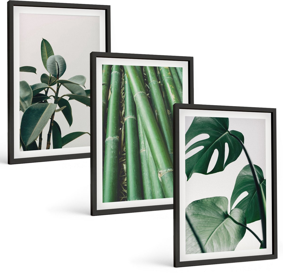 Tulup 4-Delige Schilderij Set - Bamboe stengels, kamerplanten en Monstera bladeren - 40 x 60 cm - Muurdecoratie - Wanddecoratie - Slaapkamer - Moderne Wanddecoratie