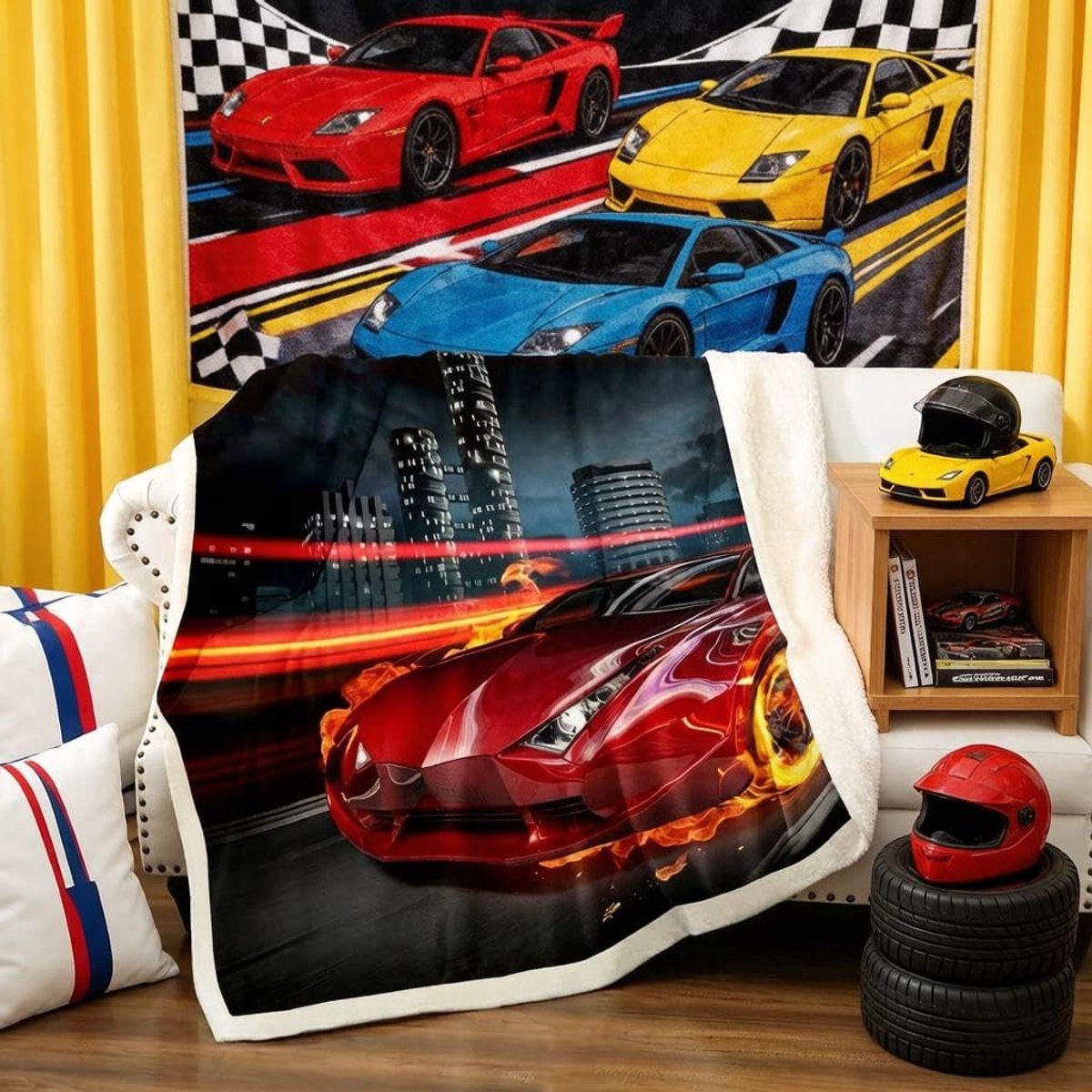 Pluche deken voor kinderen 76 x 102 cm - 3D rood snelheid racing - fleece plaid - warm en comfortabel - ShopVlot