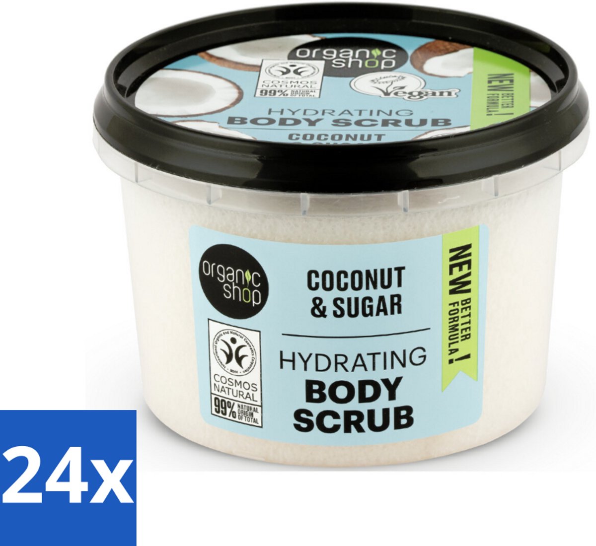 24 x Organic Shop - Hydrating Body Scrub Coconut - Diep Voedend - 250 ml - Suikerscrub - Hydraterende Body Scrub - Kokos - Natuurlijke Ingrediënten - Exfoliatie