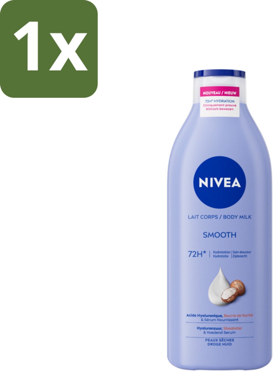 1 x Nivea - Smooth Body Milk - Sheaboter - 72 uur Hydratatie - Voor Droge Huid - 400 ml - Hydratatie - Droge Huid - Sheaboter - Hyaluronzuur - Bodymilk