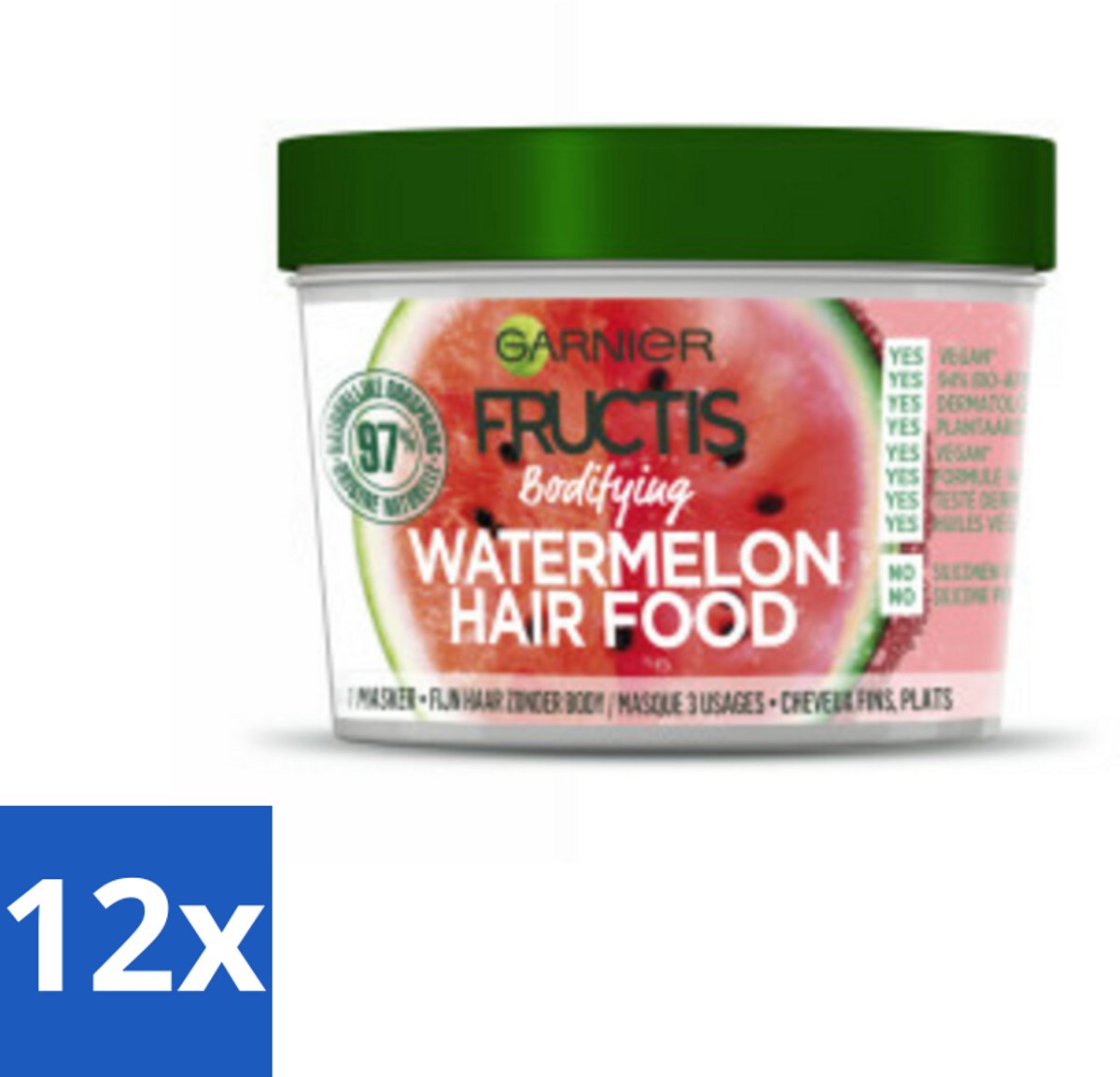 12 x Garnier - Fructis Hair Food Watermelon - 3-in-1 Haarmasker - Futloos Haar - 400 ml - Haar Masker - Haarmasker - Fructis - Watermeloen - Hydratatie