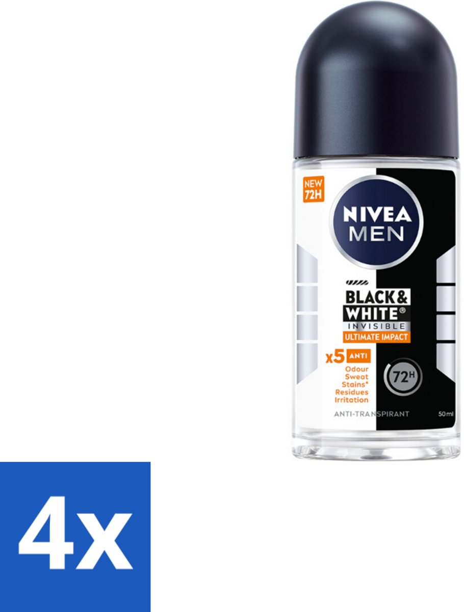 4 x NIVEA MEN - Deodorant Roller - Black & White Ultimate Impact - 50 ml - Deodorant - Zweetbestendig - Anti-vlekken - Kledingbescherming - Huidbescherming