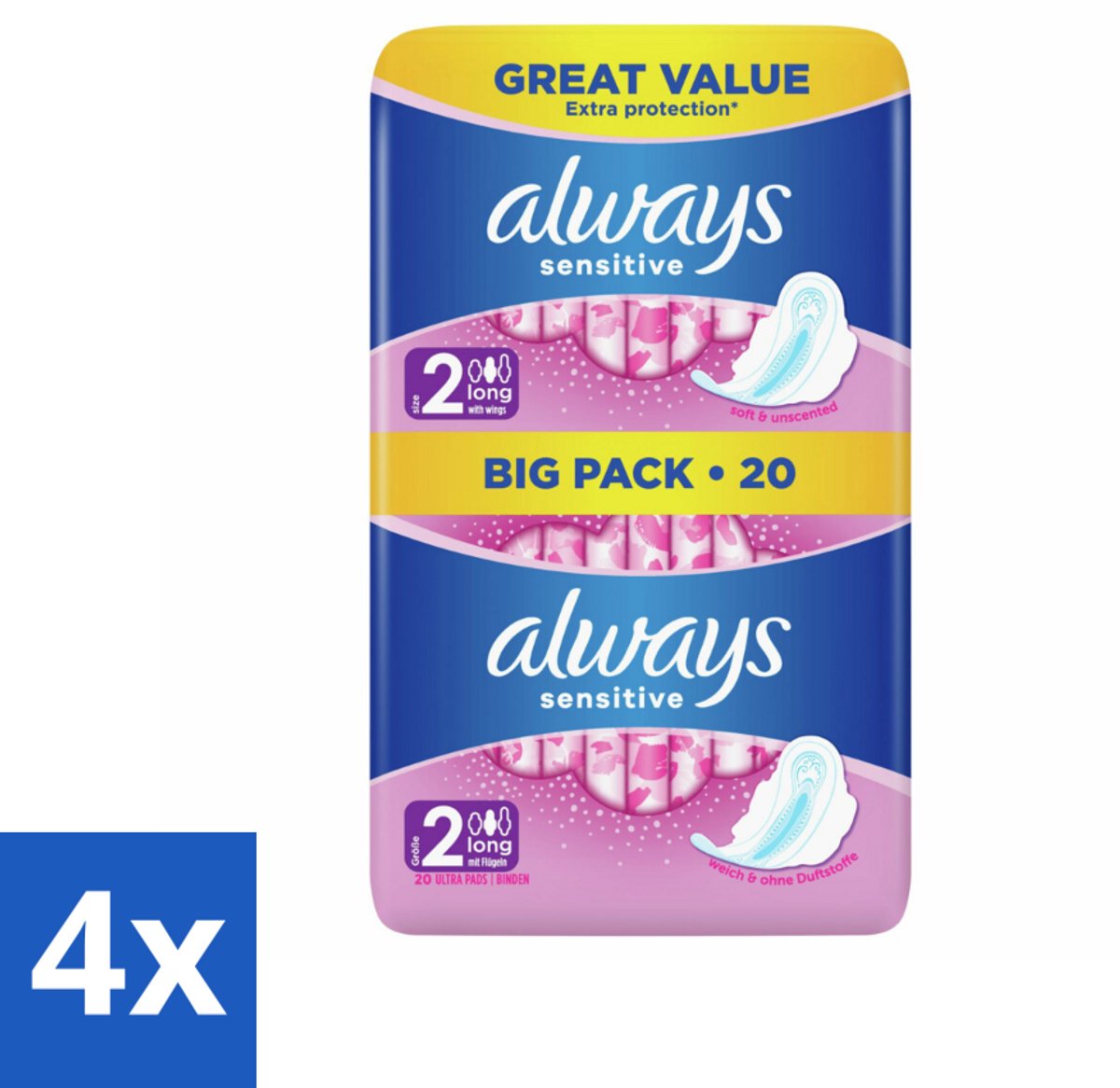 4 x Always - Maandverband - Long - Sensitive - 20 Maandverband - Maandverband - Maandverband Gevoelige Huid - Always Sensitive - Ultra Lang - Extra Bescherming