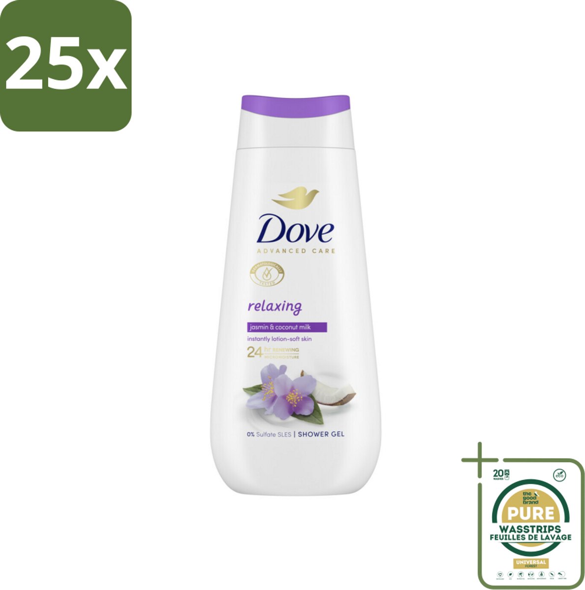 25 x Dove Douchecrème - Relaxing - Kokos & Jasmijn - 225 ml - Grootverpakking - Douchegel - Hydraterend - Ontspannen Douche - Jasmijn Geur - Kokosmelk