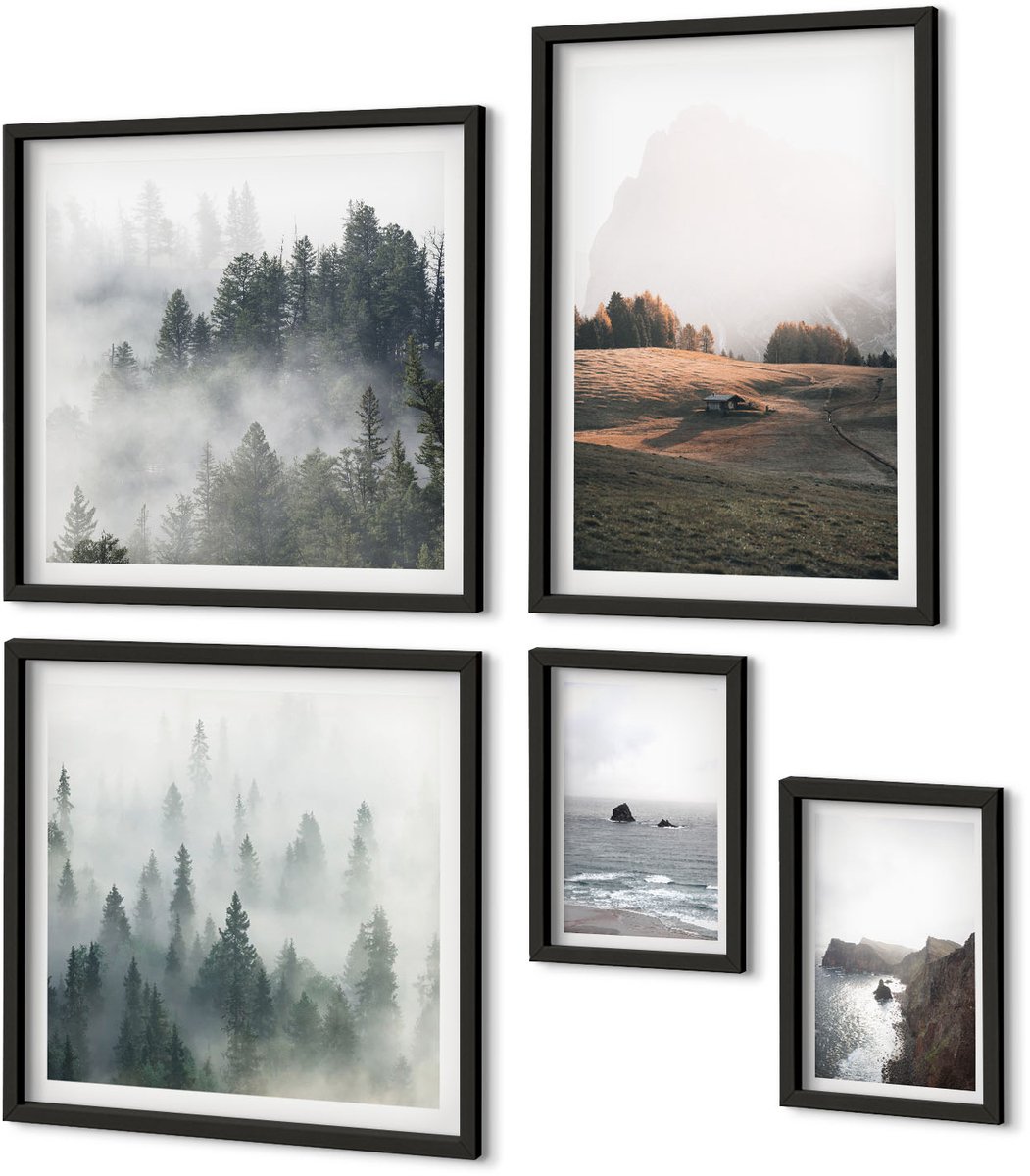 Coloray 5-Delige Schilderij Set - Natuurlijke Berglandschappen En Uitzichten Op Zee - 50 x 50 cm, 20 x 30 cm En 40 x 60 cm - Wanddecoratie - Schilderijen Set - Interieur - Muurdecoratie Zwarte lijst