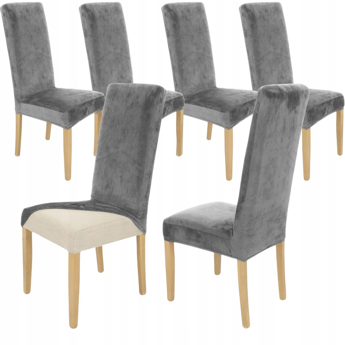 6x Stoelhoes Hoge Rug Grijze Velours Elastisch