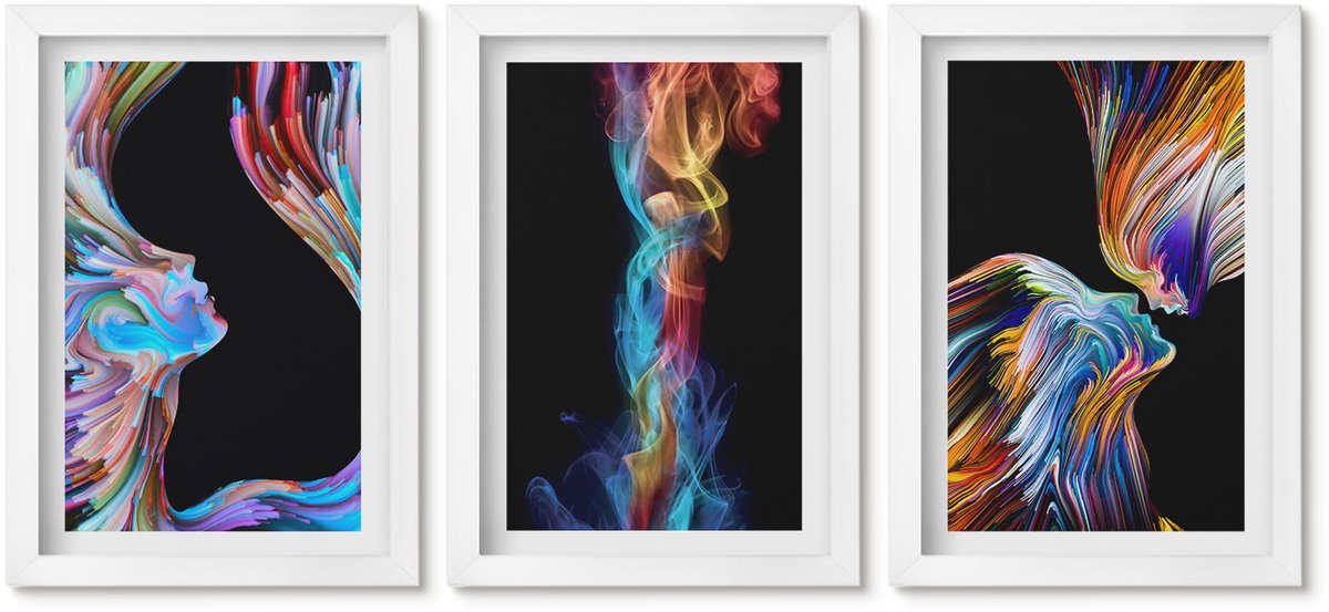 Wallfluent 3-Delige Schilderij Set - Kleurrijke Abstracties Met Gezichten En Dynamische Vormen - 20 x 30 - Wanddecoratie - Woonkamer Decoratie