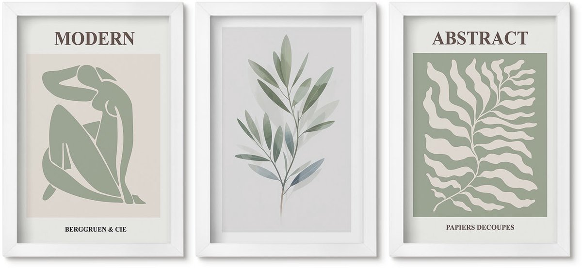Wallfluent 3-Delige Schilderij Set - Matisse Design Aquarel Boho Planten - 20 x 30 - Muurdecoratie - Wanddecoratie - Hal
