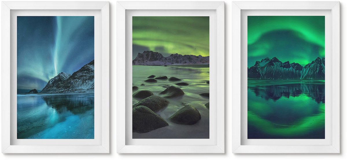 Wallfluent 3-Delige Schilderij Set - Winterlandschap Met Noorderlicht En Bergen - 20 x 30 - Moderne Wanddecoratie - Woonkamer - Muurdecoratie