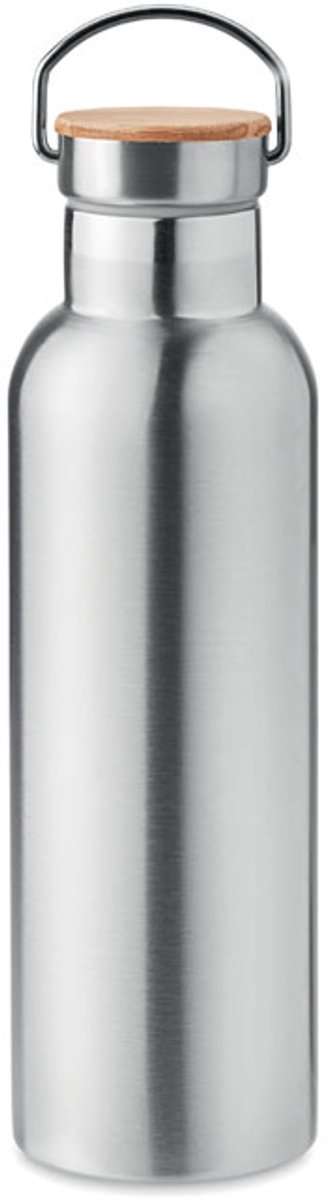 Dubbelwandige vacuüm geïsoleerde RVS drinkfles met bamboe deksel 750ml Zilver