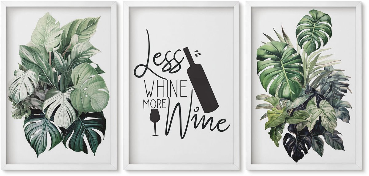 Wallfluent 3-Delige Schilderij Set - Groene Plantenbladeren Met Het Opschrift "Wijn". - 40 x 60 - Wanddecoratie - Woonkamer Decoratie - Interieur Decoratie
