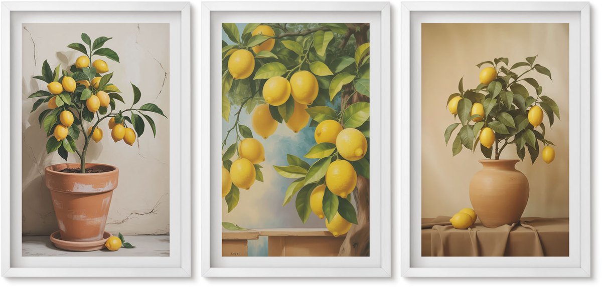 Wallfluent 3-Delige Schilderij Set - Citroenbomen In Potten En Vazen - 40 x 60 - Stijlvolle Muurdecoratie - Slaapkamer - Interieur Decoratie
